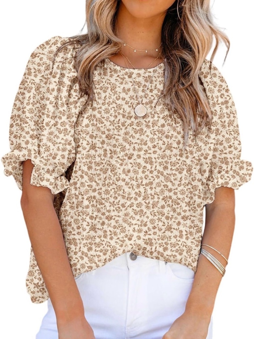 Women's Cream Floral Puff-Sleeve Top